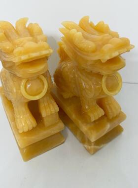 黄玉麒麟桌面摆件 米黄色石雕麒麟 简约现代风格家居装饰品 客厅