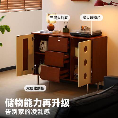 【小万家具】实木餐边柜音响边柜覆古客厅饭厅收纳柜多功能收纳柜 - 图3