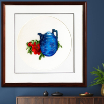 Artisan Su embroidery < blue pot > embroidery real silk family residence decoration hanging painting Xuanguan pure handmade handicraft finished spot