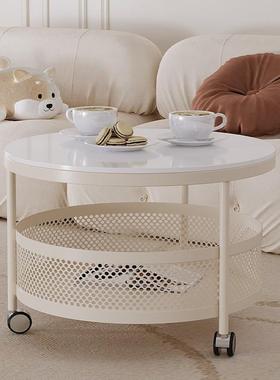 网红奶油风岩板茶几客厅家用茶桌现代简约小户型可移动带轮小圆桌