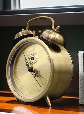 纯铜黄铜覆古拉丝老式机械发条闹钟上弦钟表风水铜闹钟座钟摆件