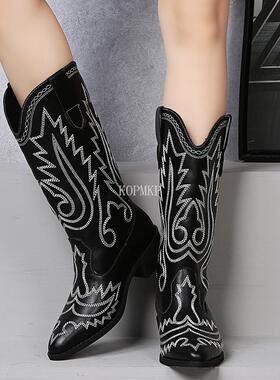 Women Mid Calf Western Boots Cowboy Pointed Toe Knee High Pu