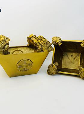 铜四方纳财金蟾摆件黄铜日进斗金金蟾铜斗铜聚宝盆摆件工艺品