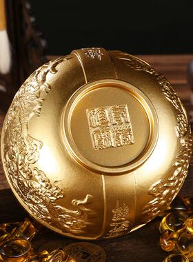 仿古黄铜10cm精雕龙凤呈祥金碗招米纳福装元宝小号聚宝盆开业礼品