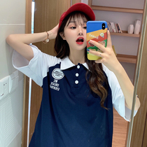 Net Red Ultra Fire T-Shirt Woman Short Sleeve Summer Turnover in clothes with long version of letters embroidered pins Tide Minus Polo Shirt