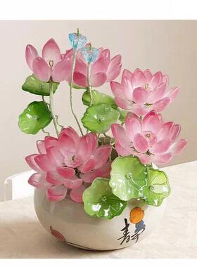 琉璃荷花盆栽仿真花假花观音佛像供花莲花客厅摆件书桌装饰工艺礼