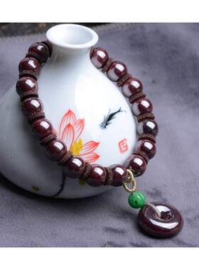 依昌天然原矿朱砂单圈手链9.7MM搭配朱砂平安扣暗红男女复古手饰