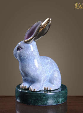必禧利纯黄铜工艺品手工彩绘兔子生肖摆件创意现代简约小件装饰品