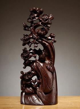 黑檀实木雕刻喜上眉梢根雕摆件雕刻工艺品家居客厅玄关装饰送礼品