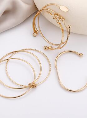 Bracelet 5-piece set跨境饰品时尚几何光面开 口打结手镯5件套