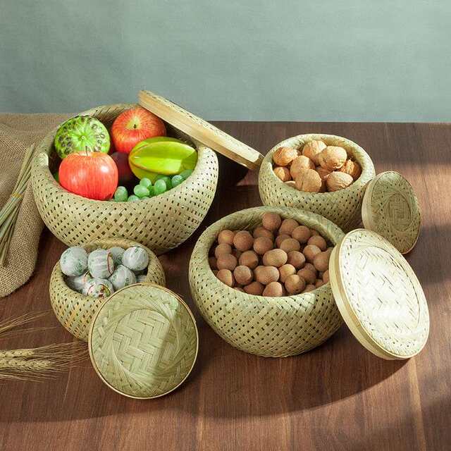 Bamboo woven bird's nest household round egg basket with lid living room creative storage basket tea can bamboo products bamboo basket basket