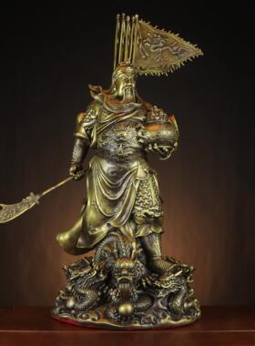 黄铜九龙关公神像托宝关公站龙关公家居店铺铜关公摆件提刀关