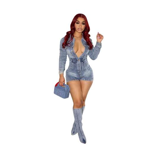 LikeMyChoice Retro Button-Down Long Sleeve Denim Romper High - 图3