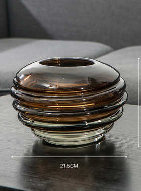 美式轻奢玻璃花瓶咖色条纹环形透明客厅桌面家居样板间工艺品摆件