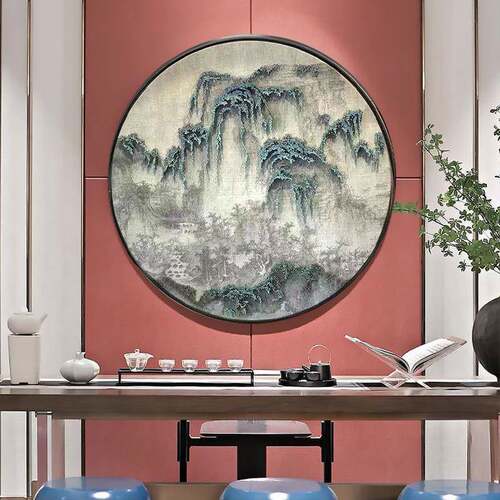 新中式书房茶室圆形山水禅意挂画中国风客厅墙面装饰画实物画 - 图2
