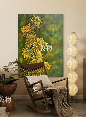 夜绽金英中古风黄色花卉手绘油画餐厅客厅装饰画复古入户玄关挂画