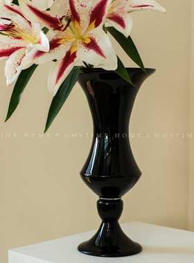 法式中古手工玻璃黑色高级花瓶高级感复古软装花器客厅卧室摆件