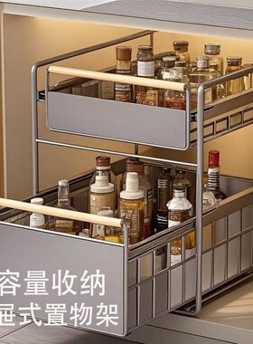 家用厨房橱柜拉篮下水置物架双层多种功能调料收纳抽拉式分层架