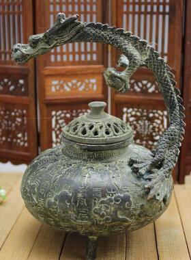 古玩杂项铜器复古工艺品青铜百寿龙香炉铜熏香炉摆件