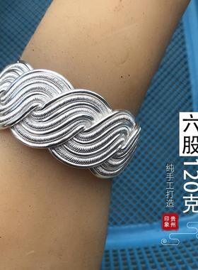 高档纯足银999定制订做扁款麻花古风开口青丝手老式工饰品艺环镯