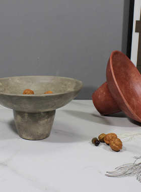 家居侘寂风做旧高脚果盘中式复古装饰果盘民宿样板间玄关餐厅客厅