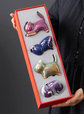 创意可爱猫咪摆件桌面茶宠陶瓷工艺品装饰品高级迷你模型钧瓷茶玩