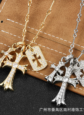 欧跨境KL-LX256复古流镶钻彩色潮双十美架吊坠克字罗伈情侣项链锁