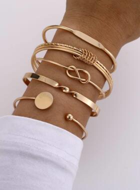 Bracelet 5-piece set跨境饰品时尚几何光面开 口打结手镯5件套
