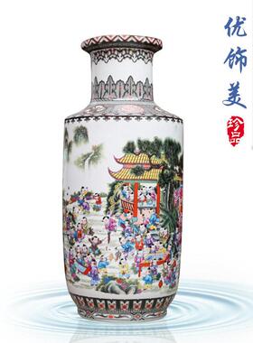 景德镇陶瓷新中式仿古粉彩手绘百子图直筒花大插瓷摆件可制定