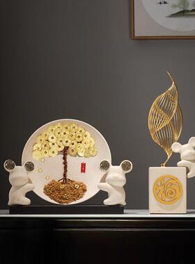 新中式发财树挂盘平安喜乐电视酒柜摆件轻奢暖居客厅摇钱树装饰品