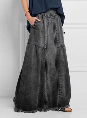 Women's Denim Maxi Skirt with Pockets Elastic High Waist