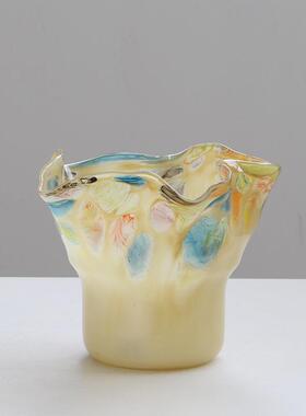 高级感水彩手工玻璃花瓶中古奶油色玄关琉璃法式插花器装饰品摆件