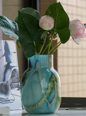 中古风渐变拼色玻璃花瓶摆件客厅餐桌水培复古花瓶简约轻奢装饰品