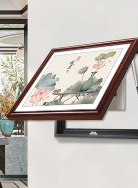 荷花新中式实木电表箱装饰画 画免打孔电闸盒遮挡配电箱电源开 关