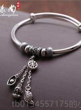 正品银999足手镯复古纯流苏款貔貅福袋叶子吊坠推拉9银镯子女银送