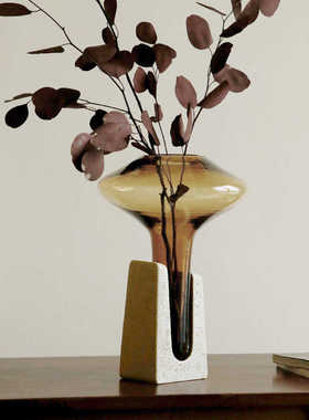 轻奢中古玻璃花器摆件展厅办公室客厅餐边柜装饰品高级感插花花瓶