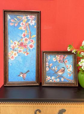 蓝色花卉装饰画中古风花鸟餐厅画S084覆古卧室床头挂画高二联4080