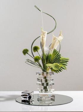 现代轻奢仿真花水晶玻璃花瓶酒店软装高级感样板房间客厅花艺摆件