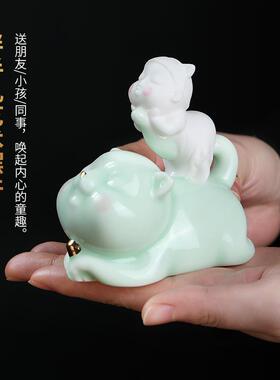 高档东泥土陶瓷房代卡通可爱摆件办公室现书茶几茶宠方桌面工艺装