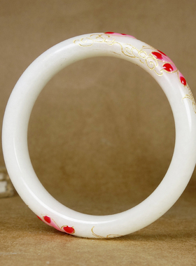 内径55mm收藏级新疆和田玉羊脂白玉青花籽料珐琅彩绘手镯40.00g