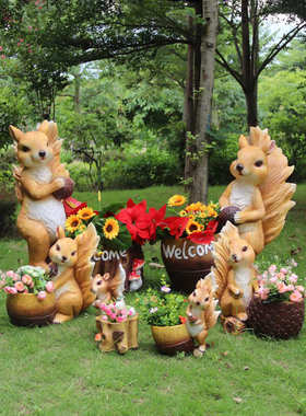 户外园林景仿观真松鼠花缸摆件别墅花园庭院幼儿园小动物花盆装饰