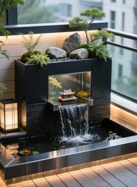 家庭阳台大鱼池一体生态造景流水家用不锈钢水景循环水可养鱼室内
