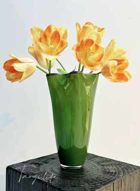 中古四叶草绿色手工琉璃白菜花瓶玄关餐桌客厅复古花器新中式摆件