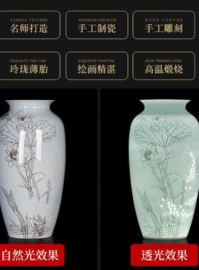 高档景德镇陶描手绘半刀金泥花瓷瓶电插花客厅视柜家居装饰品工艺