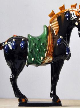 新款陶瓷礼马摆件唐三业彩马高樱三花马居家客厅装饰品摆设开商务