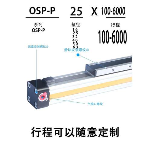 可调机械式高速无杆气缸带缓冲导轨长行程OSP-P16-25-32-40-50-63 - 图0