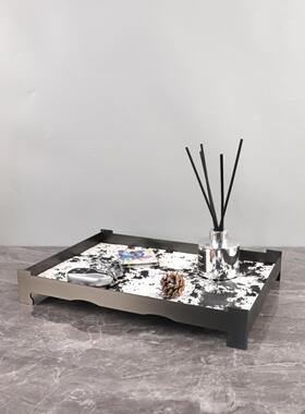 现代简约高级感仿马毛皮革金属香薰装饰托盘卧室客厅玄关家居饰品