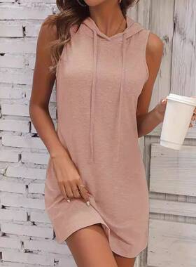 Women'S Hooded Dress, Casual Solid Sleeveless Hoodie Dress