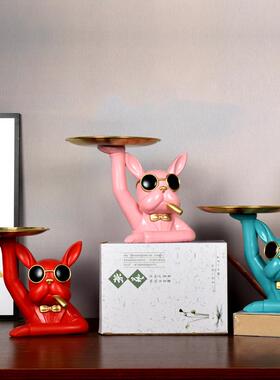 北欧轻奢法斗牛犬收纳托盘客厅家居装饰品玄关门口放钥匙收纳摆件