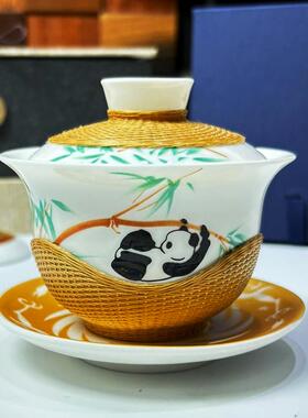 四川成都非遗手工竹丝扣瓷茶杯瓷胎竹编盖碗功夫茶具特色盖碗茶艺
